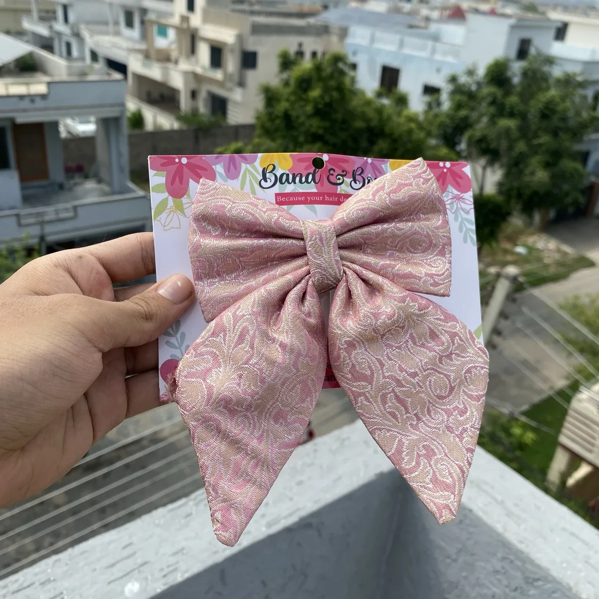 HAIR BOW CLIP FOR GIRLS - ETHNIC FABRIC PINK thumbnail 2