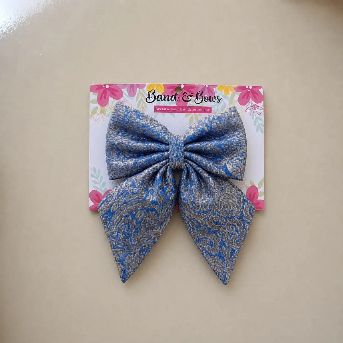 HAIR BOW CLIP FOR GIRLS - ETHNIC FABRIC BLUE