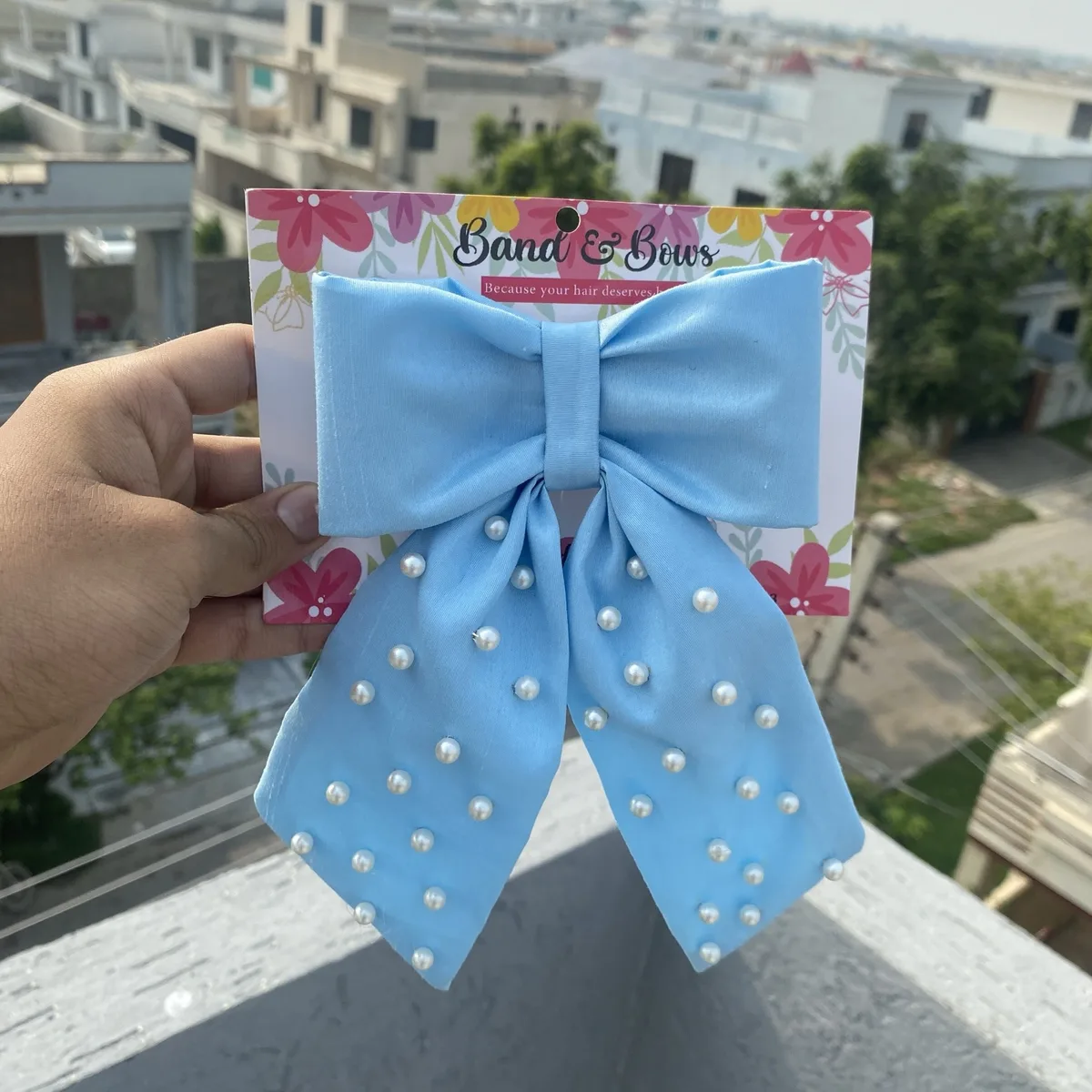 TAIL PEARL HAIR BOW FOR GIRLS-SKY BLUE thumbnail 2