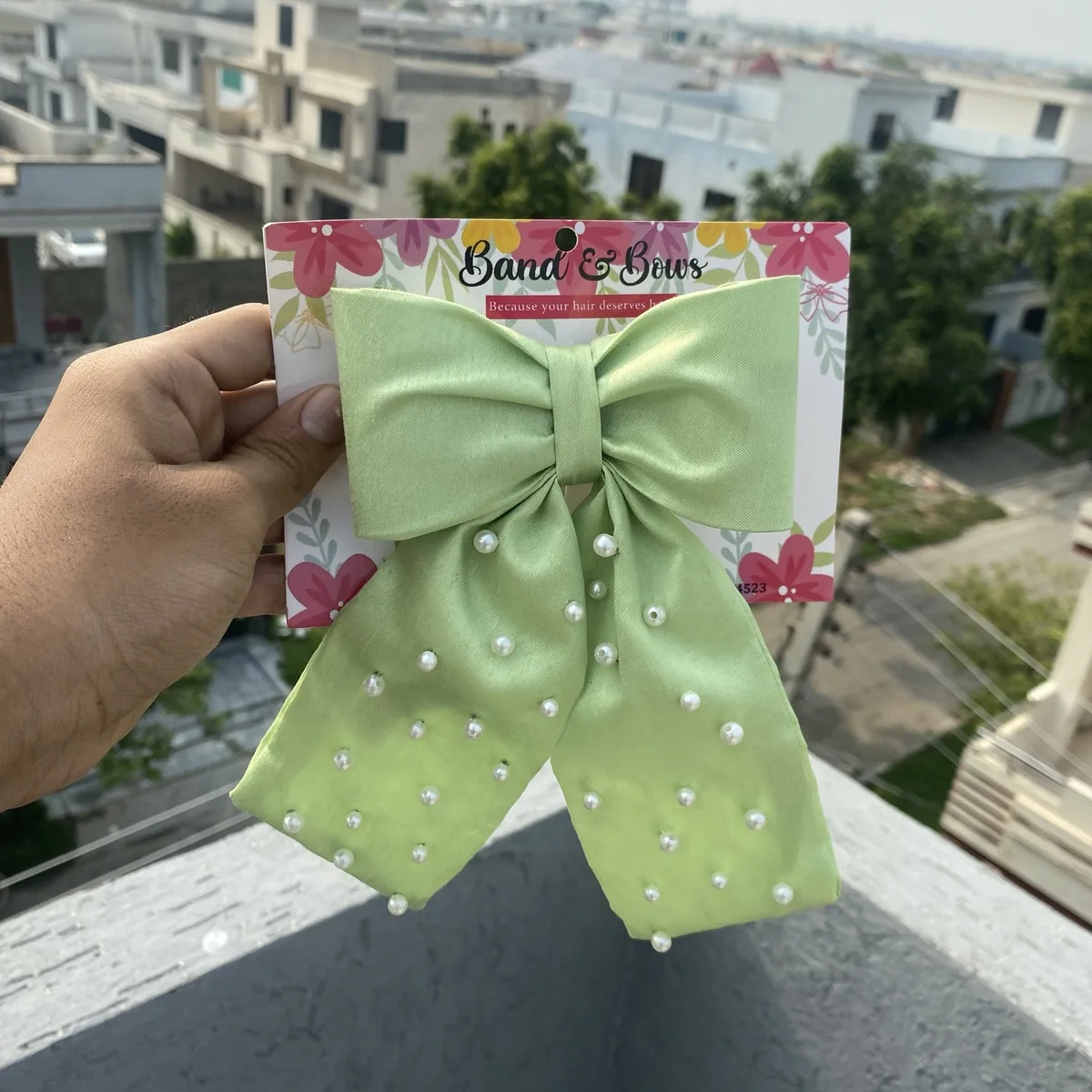 TAIL PEARL HAIR BOW FOR GIRLS-PISTACHIO thumbnail 2