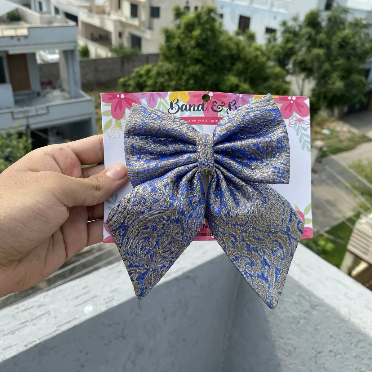 HAIR BOW CLIP FOR GIRLS - ETHNIC FABRIC BLUE thumbnail 2