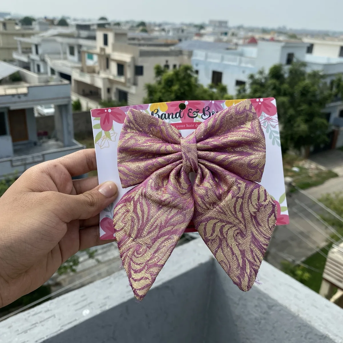HAIR BOW CLIP FOR GIRLS- ETHNIC FABRIC PURPLE thumbnail 2