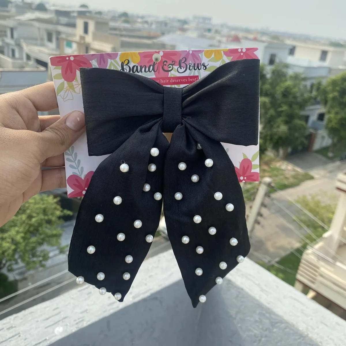 TAIL PEARL BOW FOR GIRLS-BLACK thumbnail 2