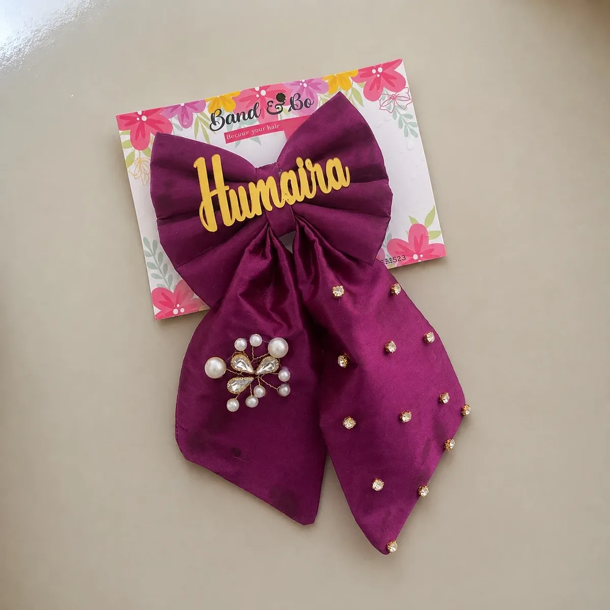 CUSTOMISE NAME HAIR PEARLS BOW PURPLE