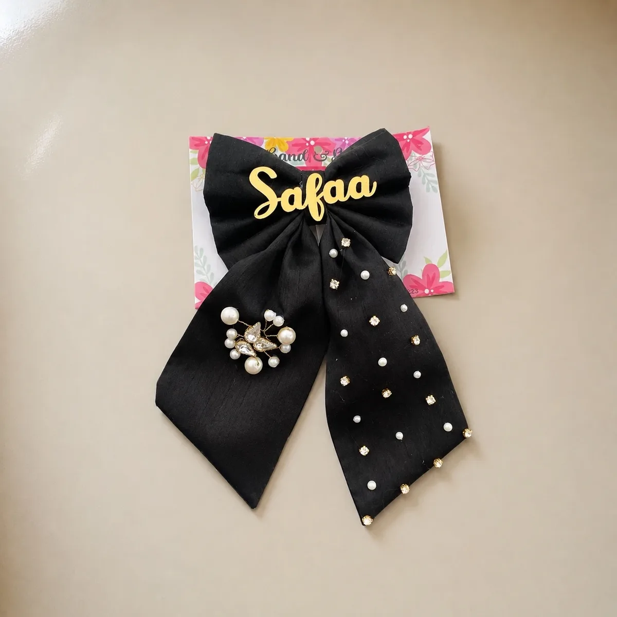 CUSTOMISE NAME PEARL BOW FOR GIRLS BLACK