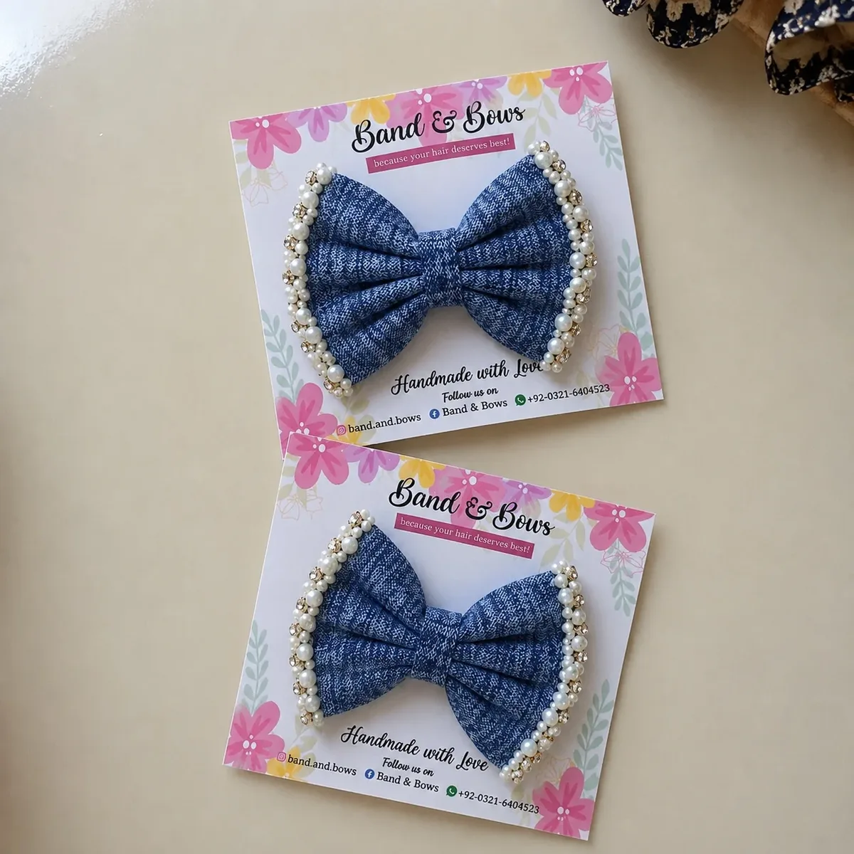 denim pearls hair bow [for all ages]
